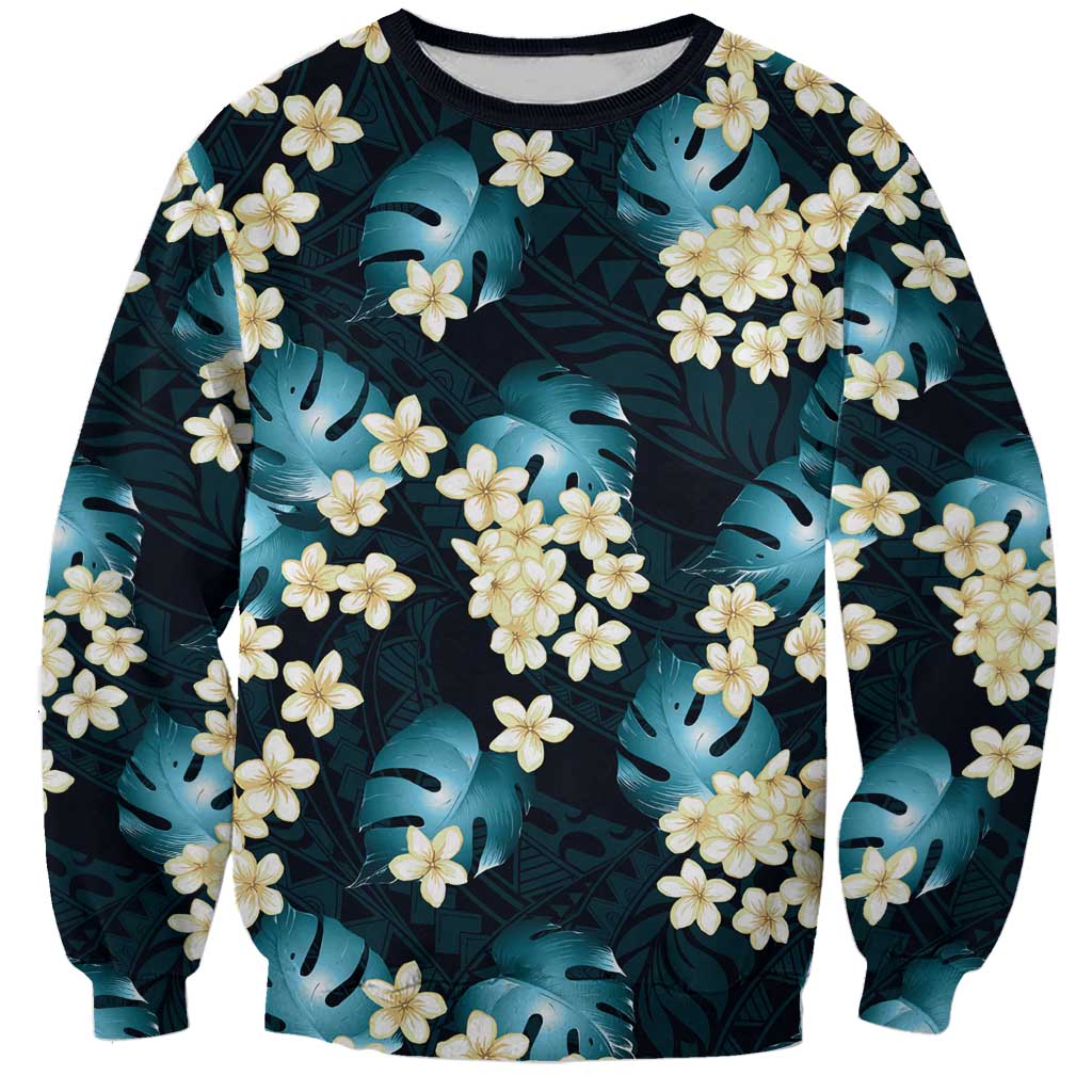 Dark Cyan Tropical Hawaii Sweatshirt Seamless Monstera Plumeria Hawaiian Pattern LT14 Unisex Dark Cyan - Polynesian Pride