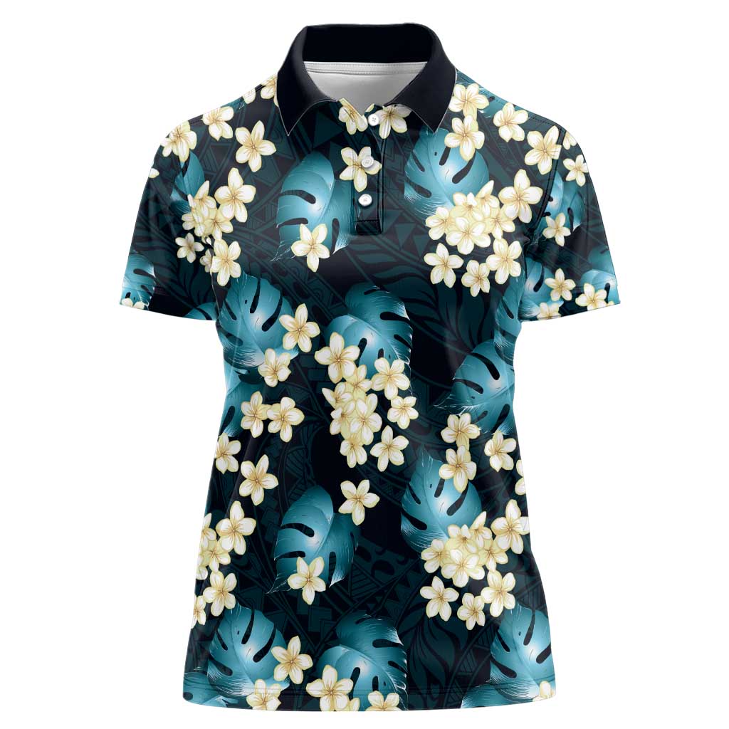 Dark Cyan Tropical Hawaii Women Polo Shirt Seamless Monstera Plumeria Hawaiian Pattern LT14 Female Dark Cyan - Polynesian Pride