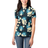 Dark Cyan Tropical Hawaii Women Polo Shirt Seamless Monstera Plumeria Hawaiian Pattern LT14 - Polynesian Pride