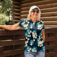 Dark Cyan Tropical Hawaii Women Polo Shirt Seamless Monstera Plumeria Hawaiian Pattern LT14 - Polynesian Pride