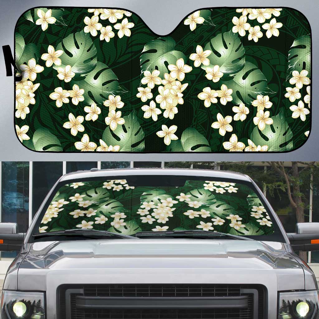 Green Tropical Hawaii Auto Sun Shade - Seamless Monstera Plumeria Hawaiian Pattern LT14 Green - Polynesian Pride