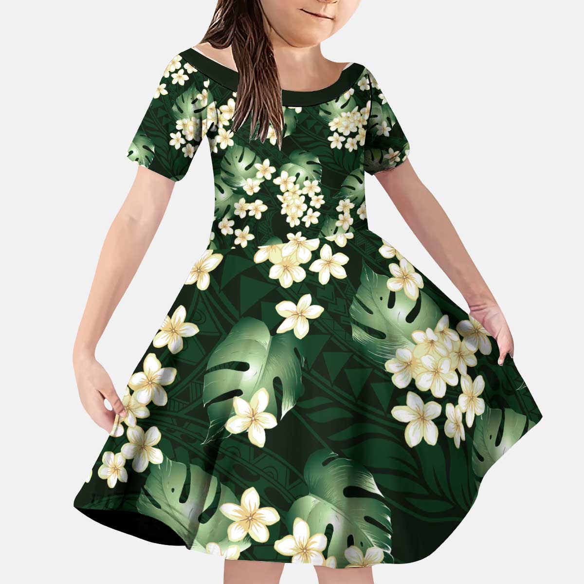 Green Tropical Hawaii Kid Short Sleeve Dress Seamless Monstera Plumeria Hawaiian Pattern LT14 KID Green - Polynesian Pride