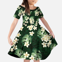 Green Tropical Hawaii Kid Short Sleeve Dress Seamless Monstera Plumeria Hawaiian Pattern LT14 KID Green - Polynesian Pride