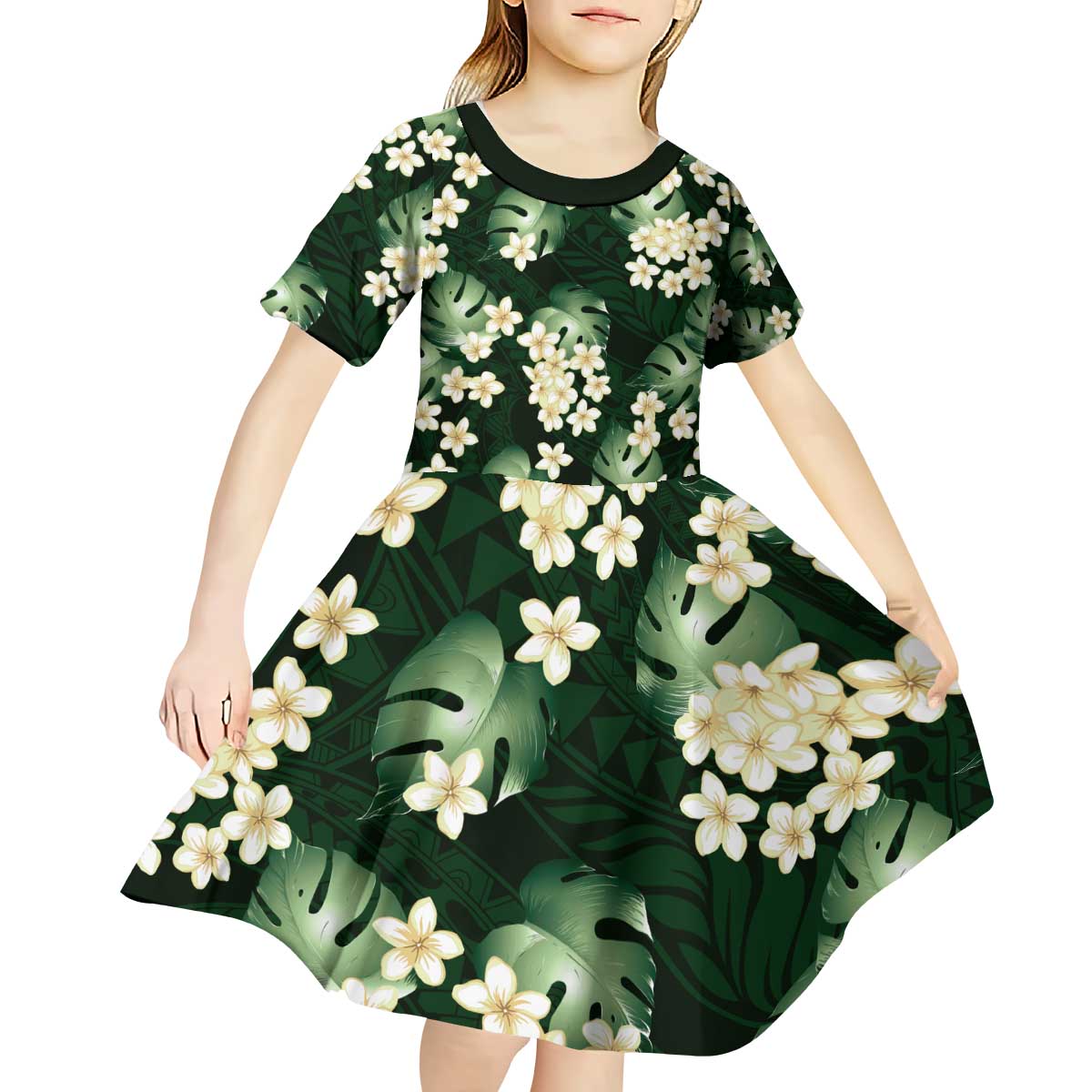 Green Tropical Hawaii Kid Short Sleeve Dress Seamless Monstera Plumeria Hawaiian Pattern LT14 - Polynesian Pride