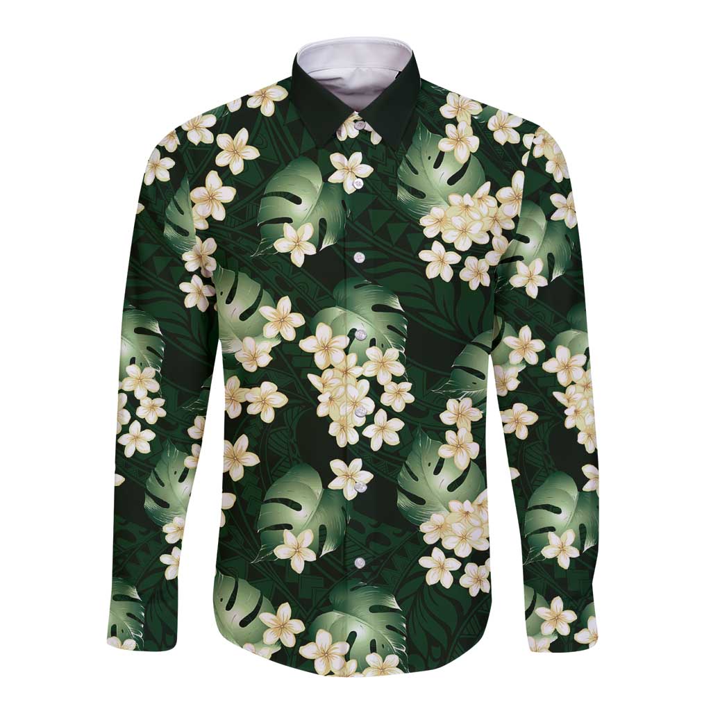 Green Tropical Hawaii Long Sleeve Button Shirt Seamless Monstera Plumeria Hawaiian Pattern LT14 Unisex Green - Polynesian Pride