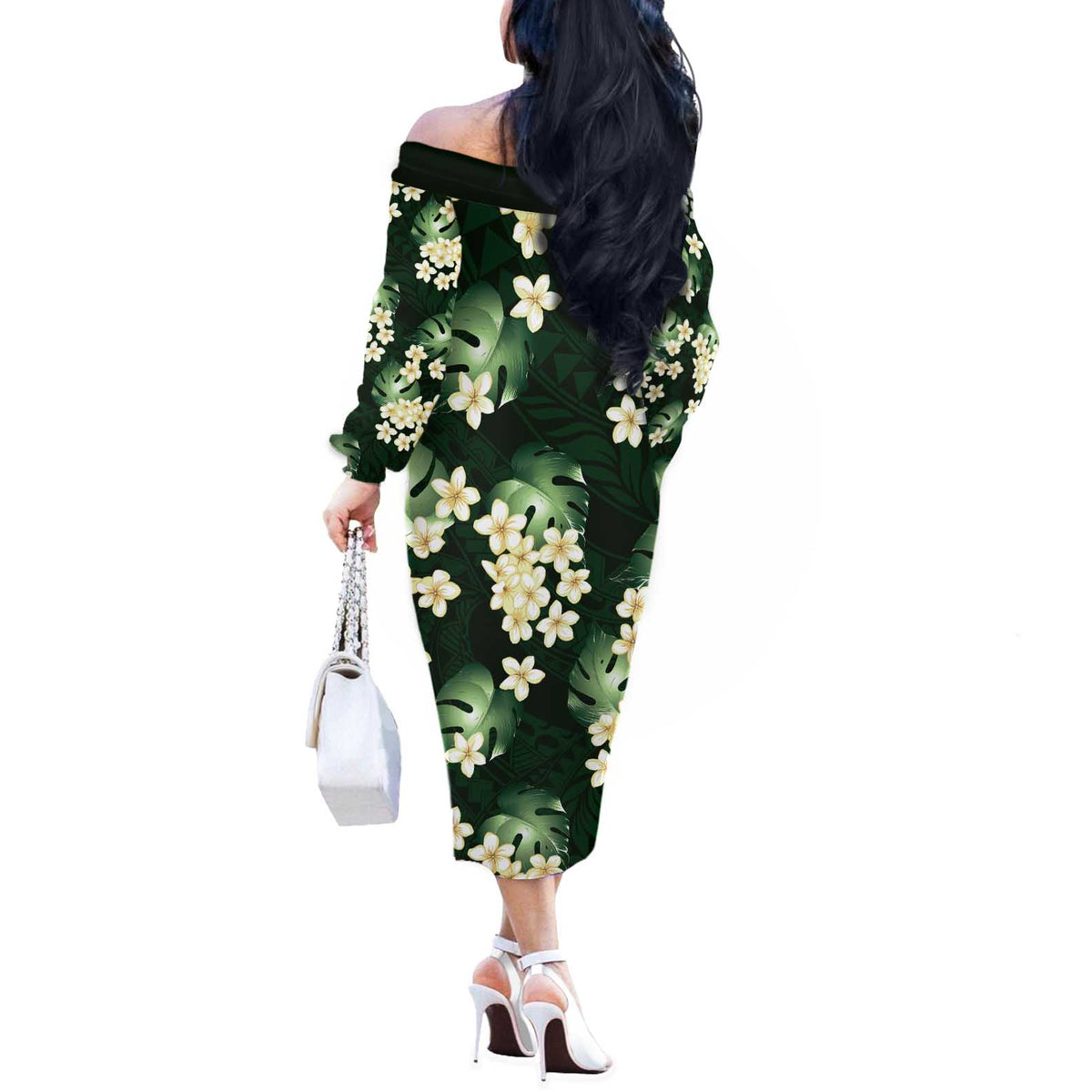 Green Tropical Hawaii Off The Shoulder Long Sleeve Dress Seamless Monstera Plumeria Hawaiian Pattern LT14 - Polynesian Pride