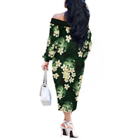 Green Tropical Hawaii Off The Shoulder Long Sleeve Dress Seamless Monstera Plumeria Hawaiian Pattern LT14 - Polynesian Pride