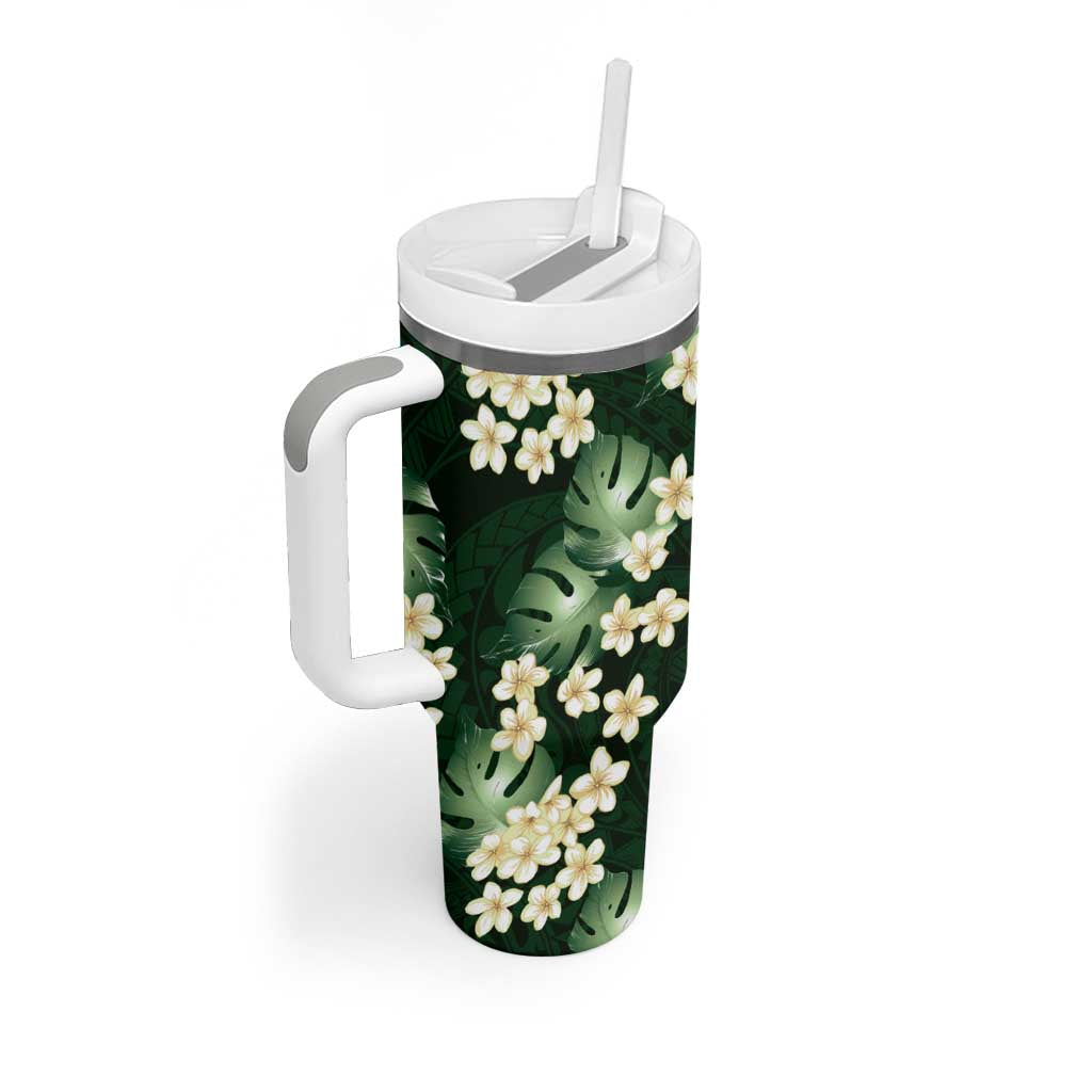 Green Tropical Hawaii Tumbler With Handle Seamless Monstera Plumeria Hawaiian Pattern LT14 - Polynesian Pride