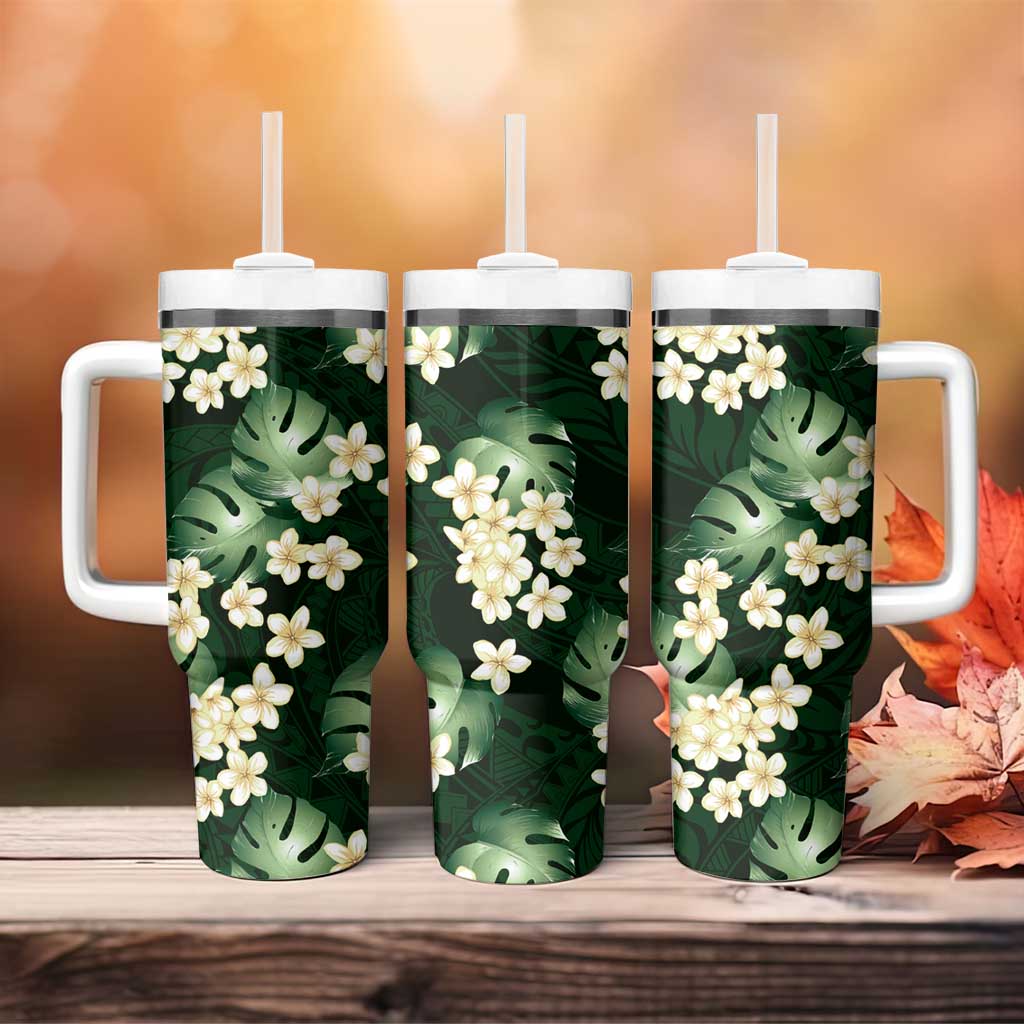 Green Tropical Hawaii Tumbler With Handle Seamless Monstera Plumeria Hawaiian Pattern LT14 - Polynesian Pride