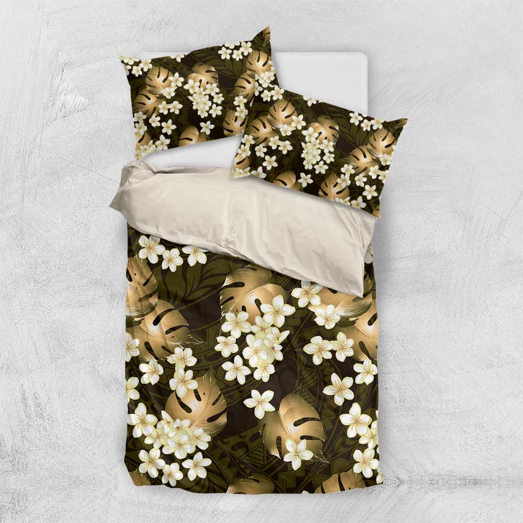 Gold Tropical Hawaii Bedding Set Seamless Monstera Plumeria Hawaiian Pattern LT14 US Twin 172cm x 218cm Gold - Polynesian Pride