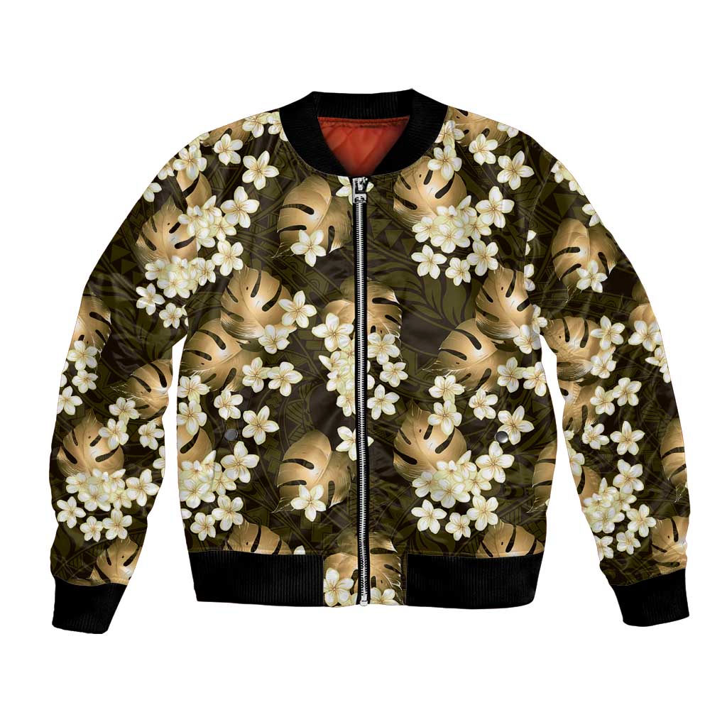 Gold Tropical Hawaii Bomber Jacket Seamless Monstera Plumeria Hawaiian Pattern LT14 Unisex Gold - Polynesian Pride