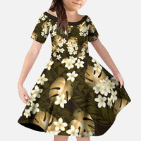Gold Tropical Hawaii Kid Short Sleeve Dress Seamless Monstera Plumeria Hawaiian Pattern LT14 KID Gold - Polynesian Pride