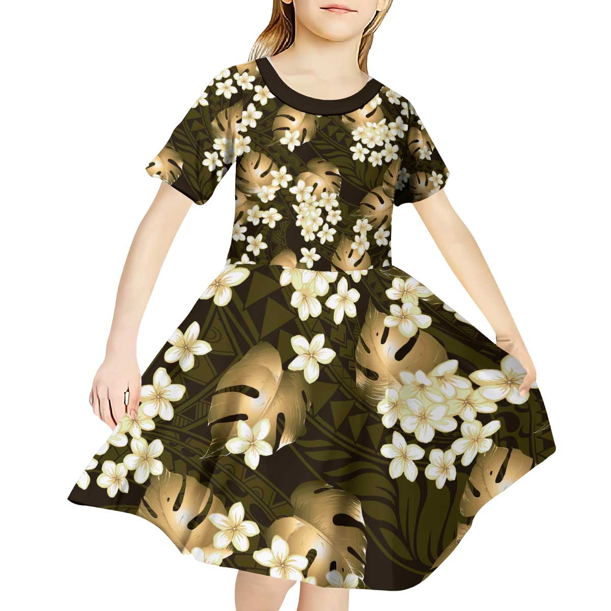 Gold Tropical Hawaii Kid Short Sleeve Dress Seamless Monstera Plumeria Hawaiian Pattern LT14 - Polynesian Pride