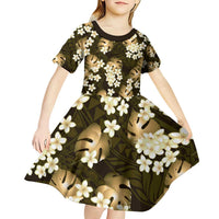 Gold Tropical Hawaii Kid Short Sleeve Dress Seamless Monstera Plumeria Hawaiian Pattern LT14 - Polynesian Pride