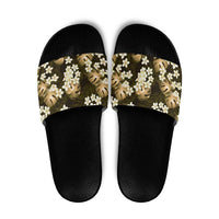 Gold Tropical Hawaii Slide Sandals Seamless Monstera Plumeria Hawaiian Pattern LT14 Gold - Polynesian Pride