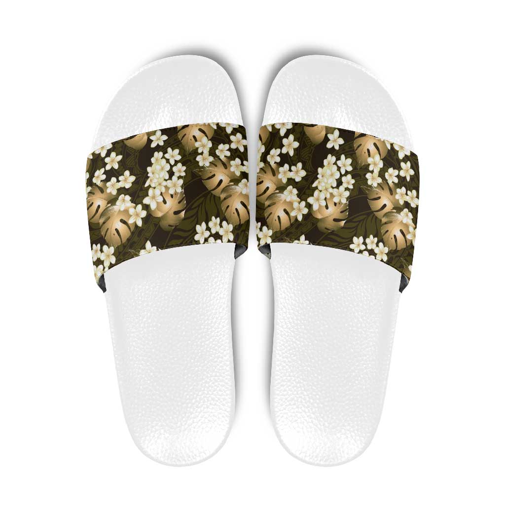 Gold Tropical Hawaii Slide Sandals Seamless Monstera Plumeria Hawaiian Pattern LT14 Gold - Polynesian Pride