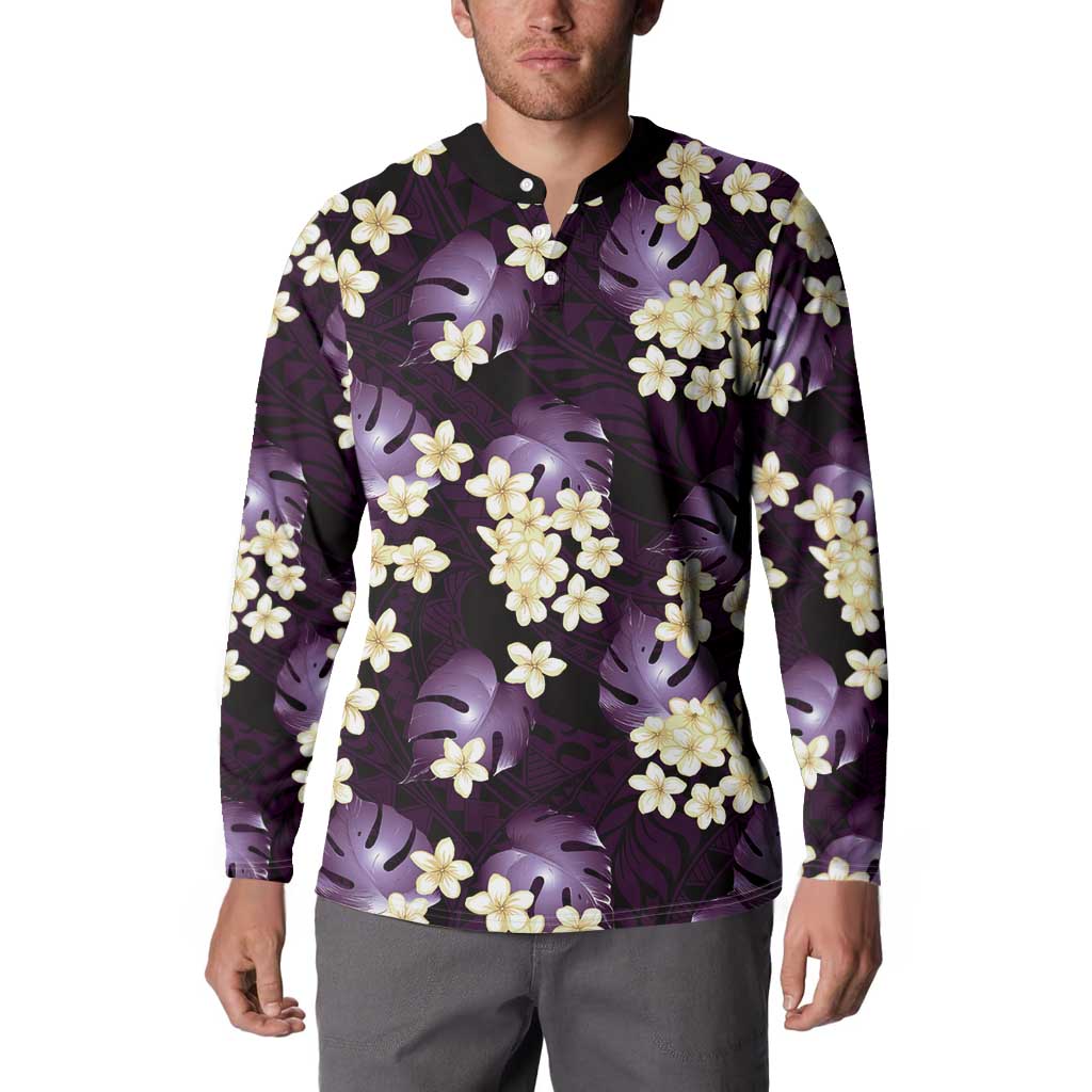 Purple Tropical Hawaii Button Sweatshirt Seamless Monstera Plumeria Hawaiian Pattern LT14 - Polynesian Pride