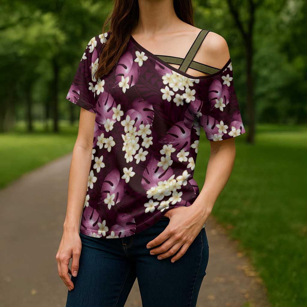 Pink Tropical Hawaii Cross Shoulder Shirt Seamless Monstera Plumeria Hawaiian Pattern LT14 - Polynesian Pride
