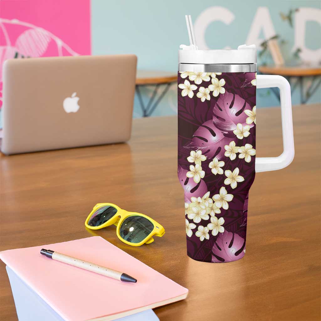 Pink Tropical Hawaii Tumbler With Handle Seamless Monstera Plumeria Hawaiian Pattern LT14 - Polynesian Pride