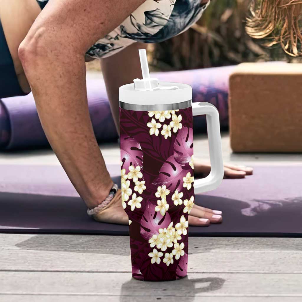 Pink Tropical Hawaii Tumbler With Handle Seamless Monstera Plumeria Hawaiian Pattern LT14 - Polynesian Pride