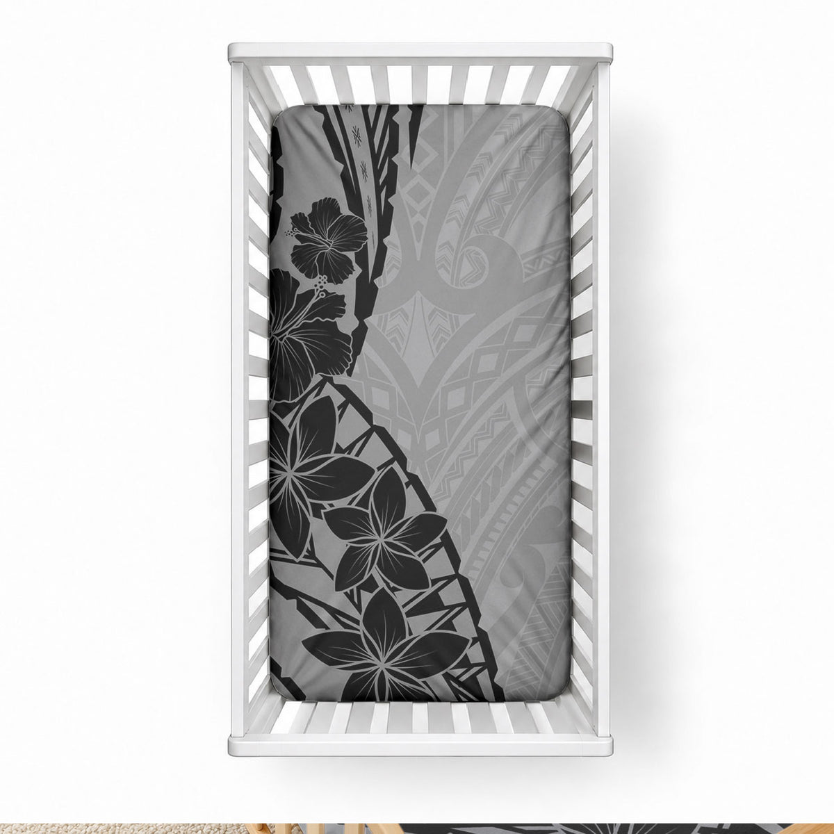 Black Gray Polynesia Tropical Flowers Baby Bed Cover