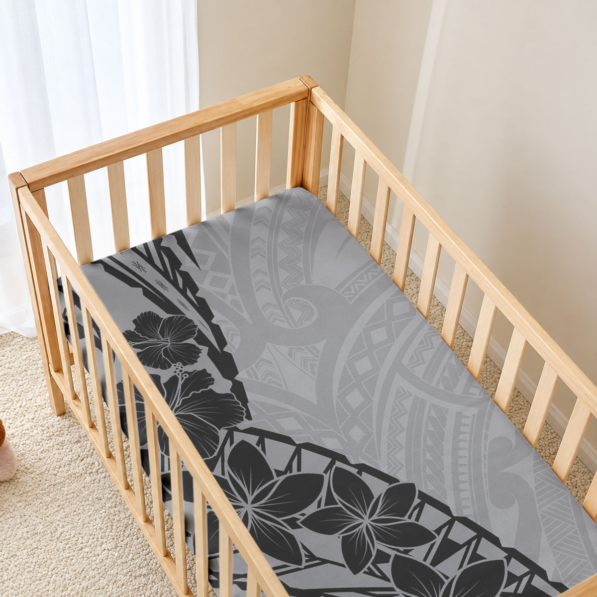 Black Gray Polynesia Tropical Flowers Baby Bed Cover