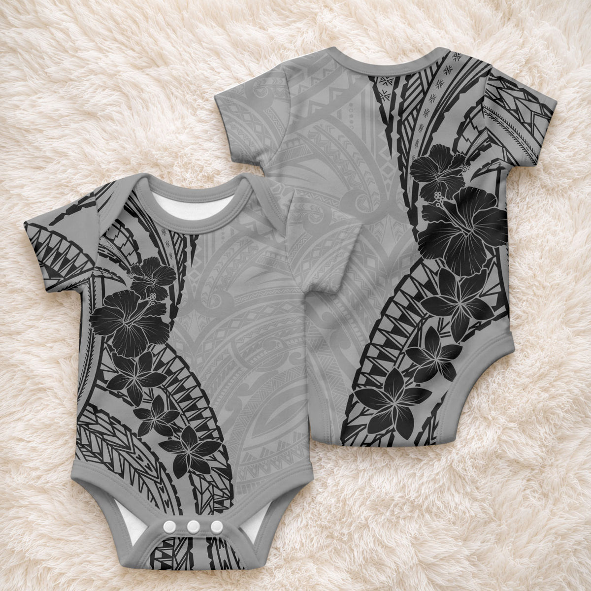 Black Gray Polynesia Tropical Flowers Baby Onesie