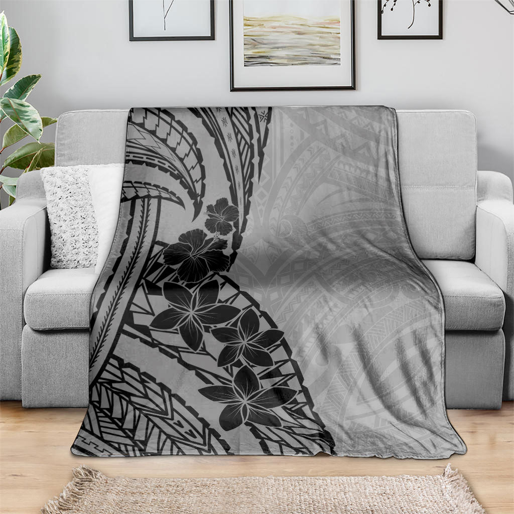Black Gray Polynesia Tropical Flowers Blanket