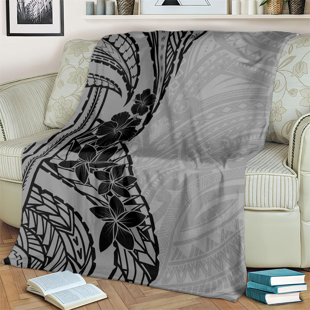 Black Gray Polynesia Tropical Flowers Blanket