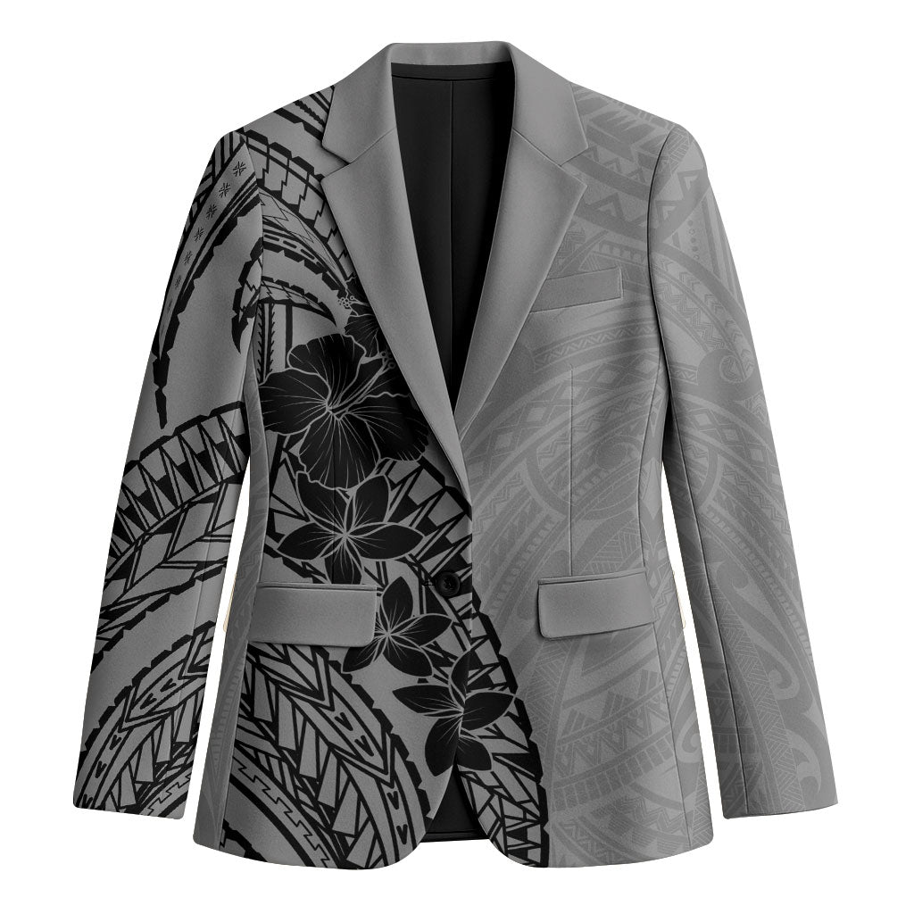 Black Gray Polynesia Tropical Flowers Blazer