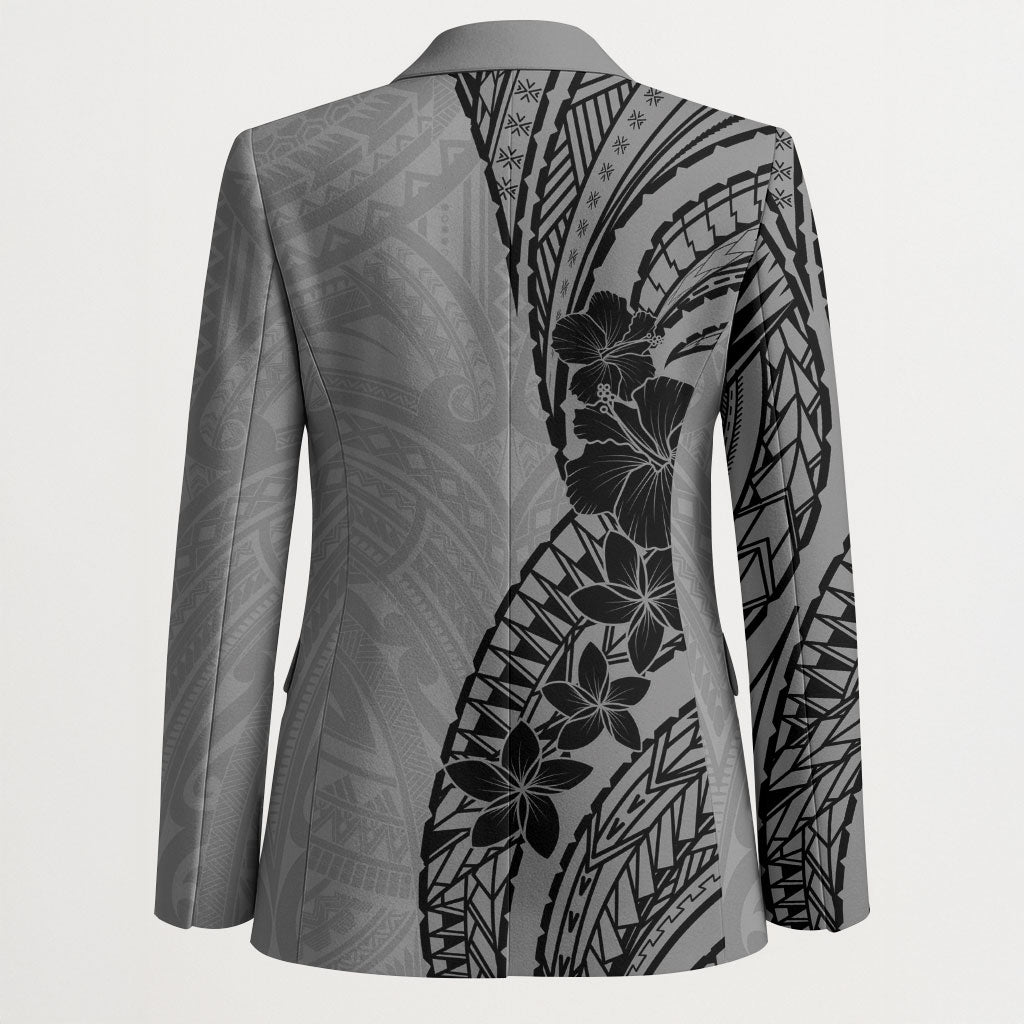 Black Gray Polynesia Tropical Flowers Blazer