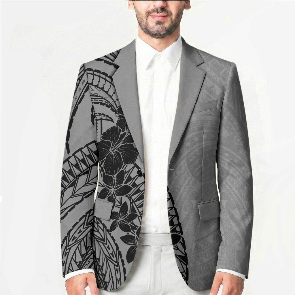 Black Gray Polynesia Tropical Flowers Blazer