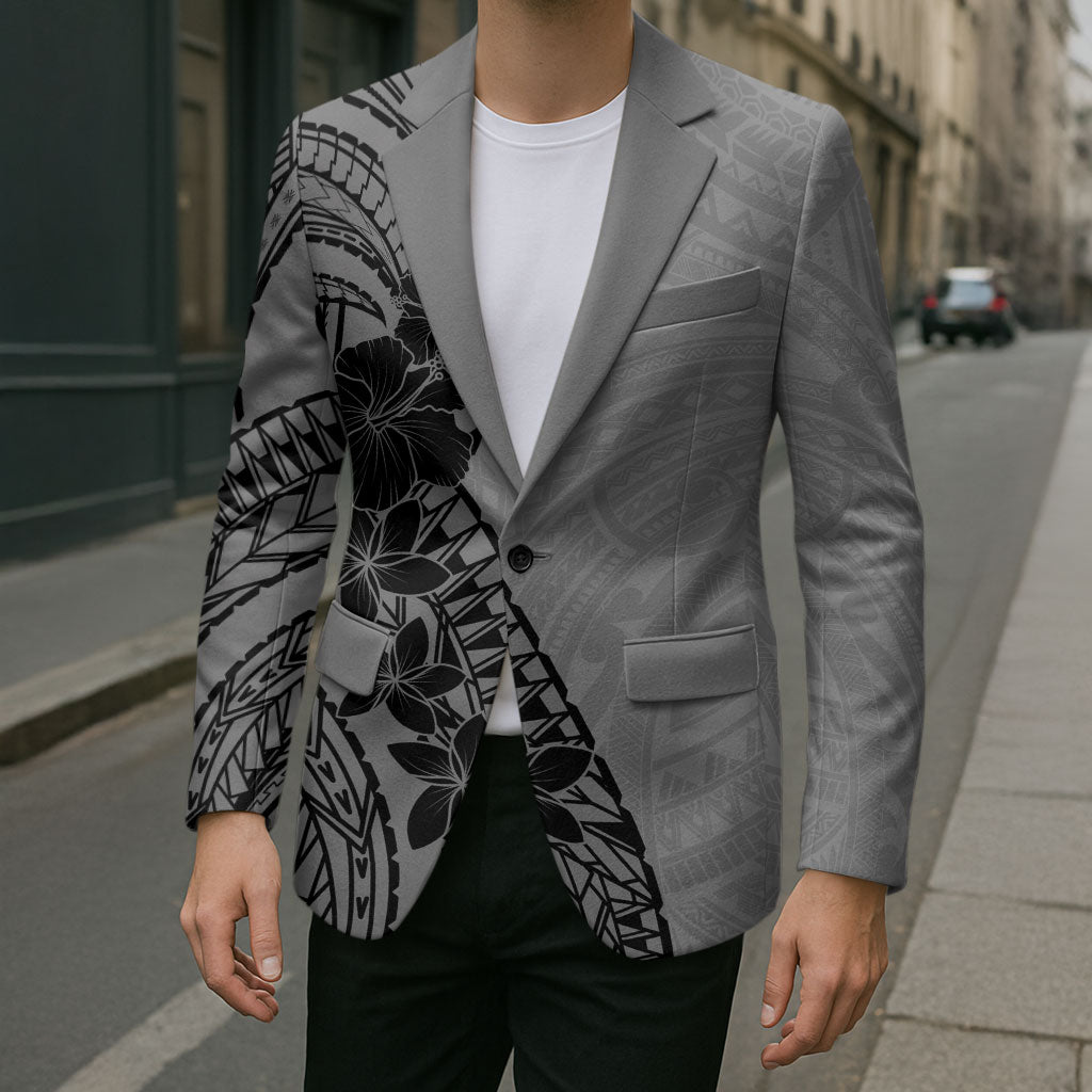Black Gray Polynesia Tropical Flowers Blazer