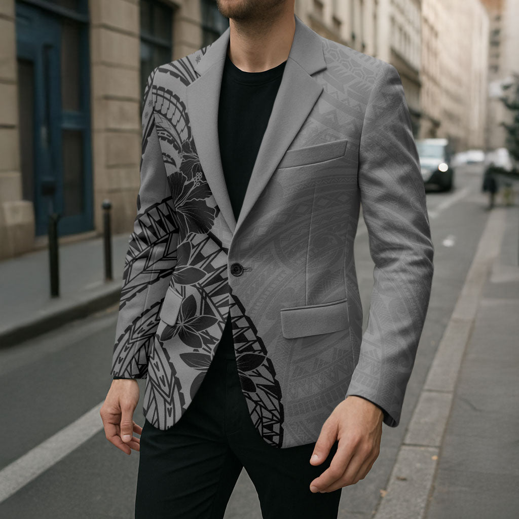Black Gray Polynesia Tropical Flowers Blazer