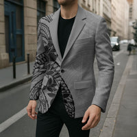 Black Gray Polynesia Tropical Flowers Blazer