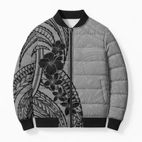 Black Gray Polynesia Tropical Flowers Bomber Puffer Jacket
