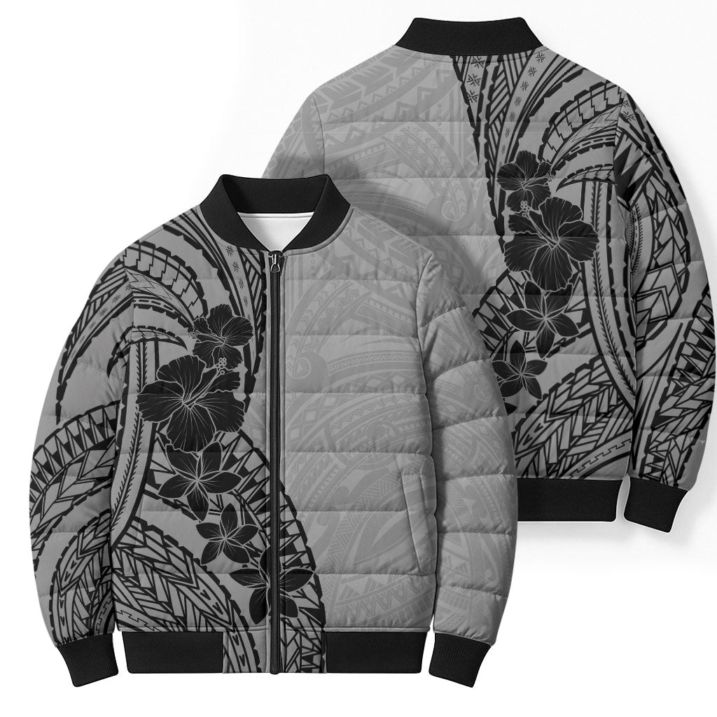 Black Gray Polynesia Tropical Flowers Bomber Puffer Jacket