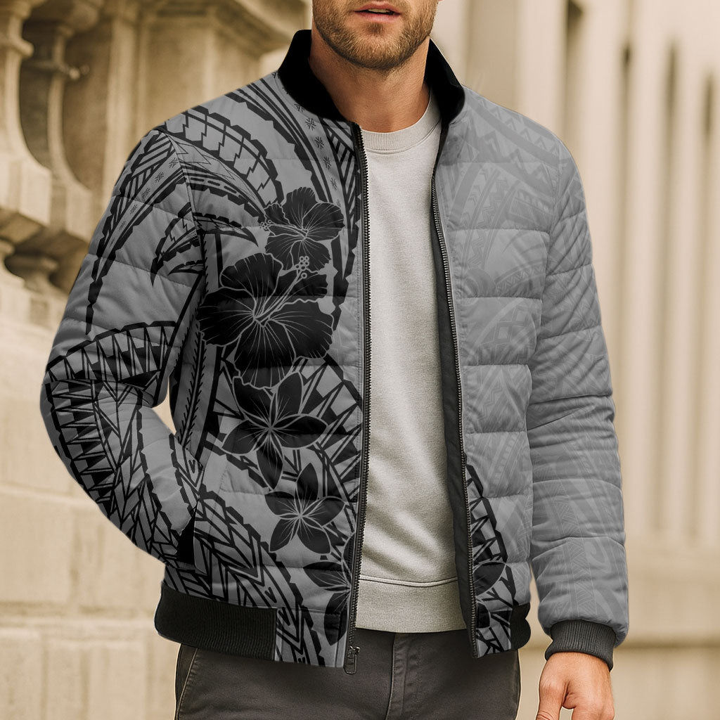 Black Gray Polynesia Tropical Flowers Bomber Puffer Jacket