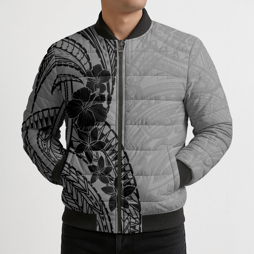 Black Gray Polynesia Tropical Flowers Bomber Puffer Jacket