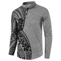 Black Gray Polynesia Tropical Flowers Button Sweatshirt