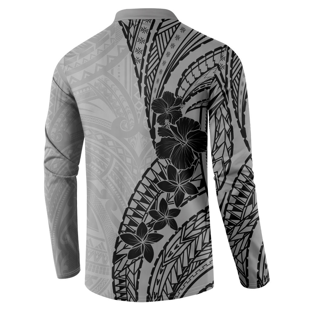 Black Gray Polynesia Tropical Flowers Button Sweatshirt