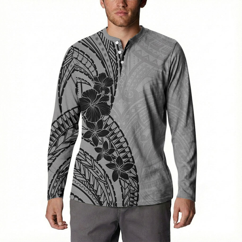 Black Gray Polynesia Tropical Flowers Button Sweatshirt