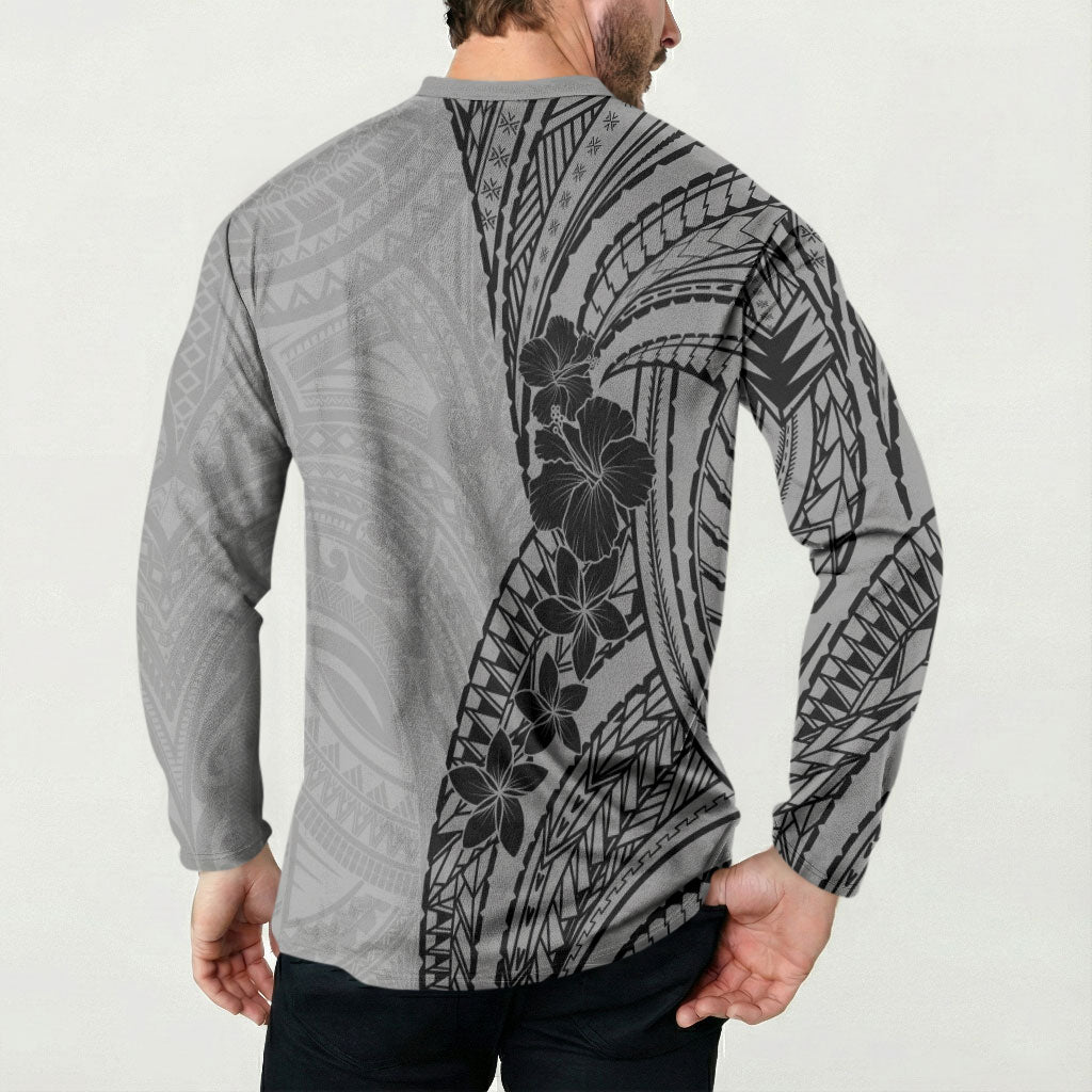 Black Gray Polynesia Tropical Flowers Button Sweatshirt