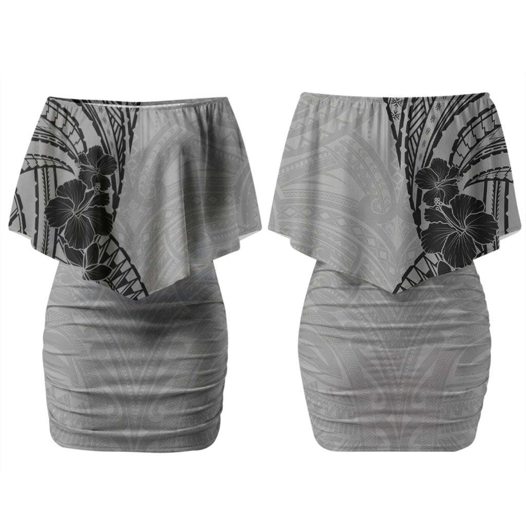 Black Gray Polynesia Tropical Flowers Couples Matching Off Shoulder Short Dress and Long Sleeve Button Shirt LT14 - Polynesian Pride