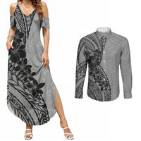 Black Gray Polynesia Tropical Flowers Couples Matching Summer Maxi Dress and Long Sleeve Button Shirt LT14 Gray - Polynesian Pride