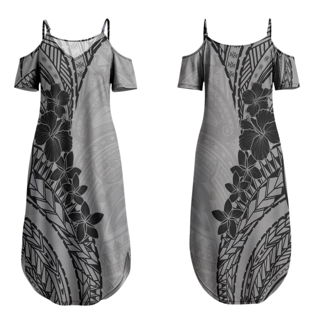 Black Gray Polynesia Tropical Flowers Couples Matching Summer Maxi Dress and Long Sleeve Button Shirt LT14 - Polynesian Pride