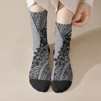 Black Gray Polynesia Tropical Flowers Crew Socks