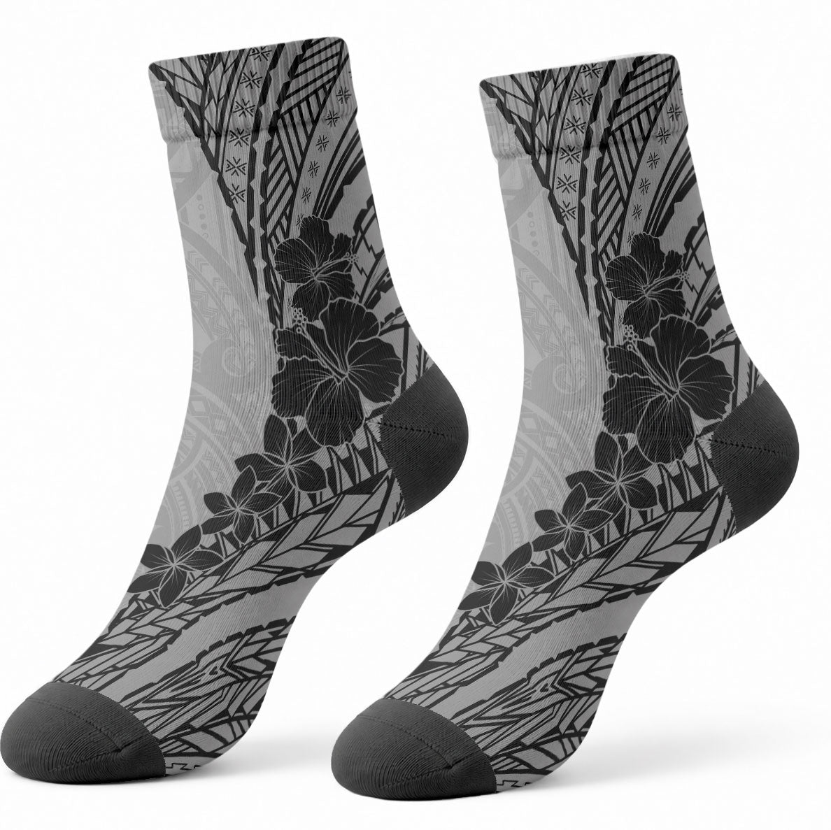 Black Gray Polynesia Tropical Flowers Crew Socks