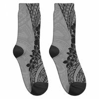 Black Gray Polynesia Tropical Flowers Crew Socks