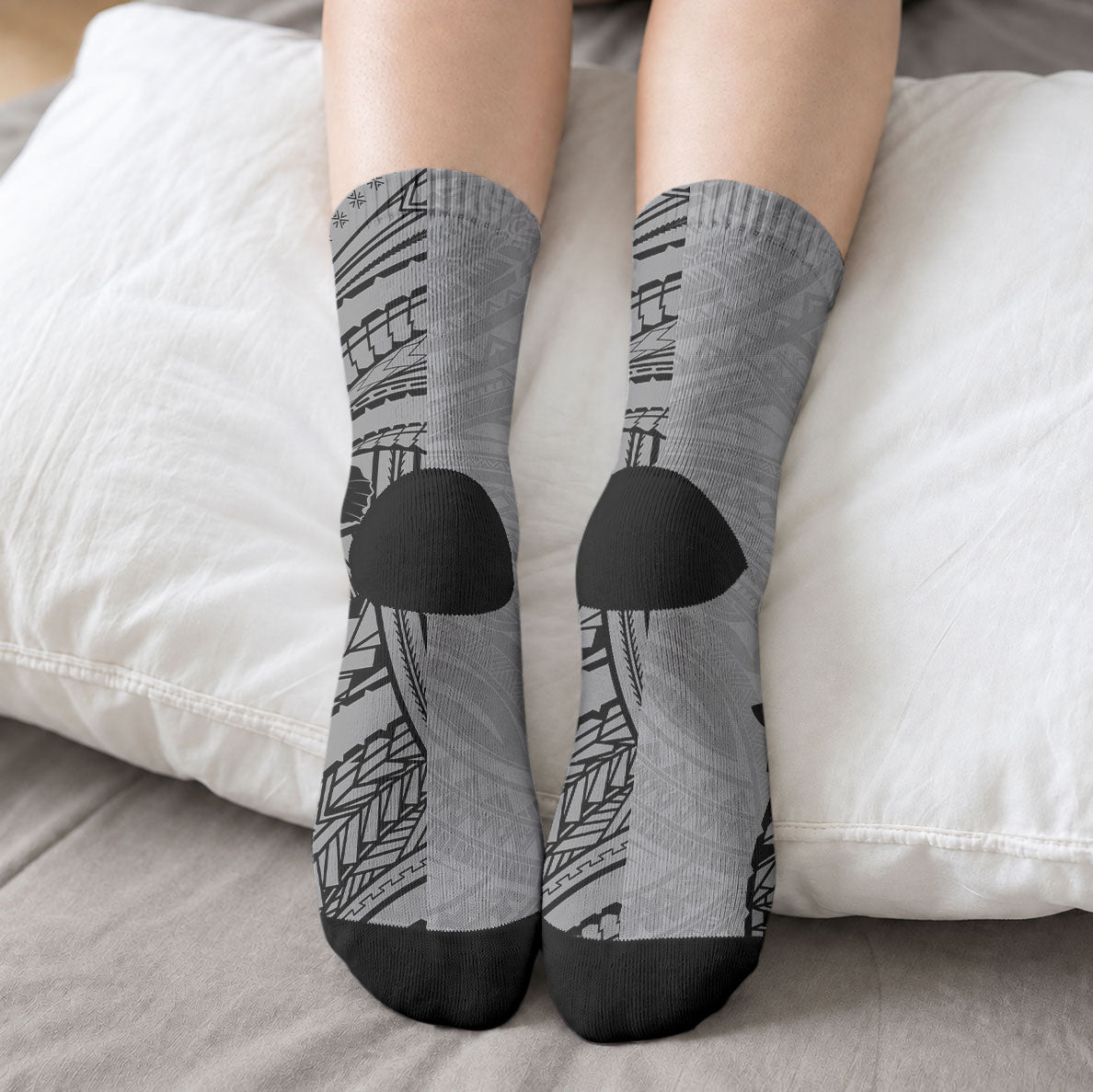 Black Gray Polynesia Tropical Flowers Crew Socks